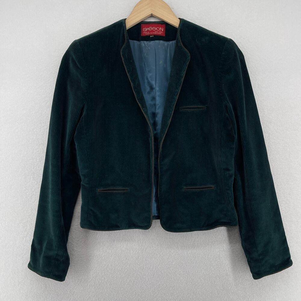 Vintage SASSON Jacket Womens 8/9 Corduroy 80s Open Front Cropped Blazer Green HK
